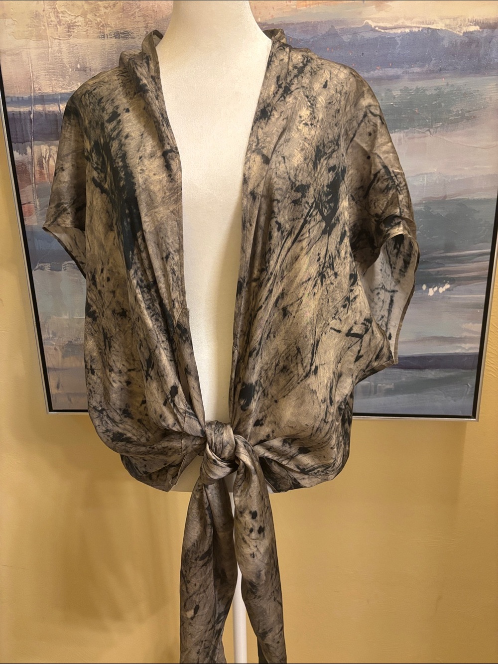 Zara Taupe and Black Marble-Print Satin Tie Front Blouse